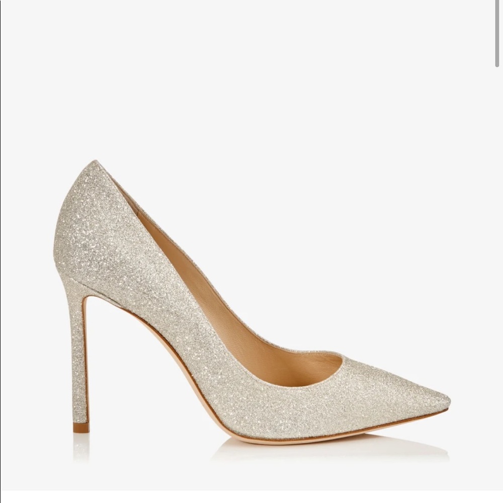 Jimmy Choo Romy 100 Platinum Ice Dusty Glitter Pointy Toe Pumps